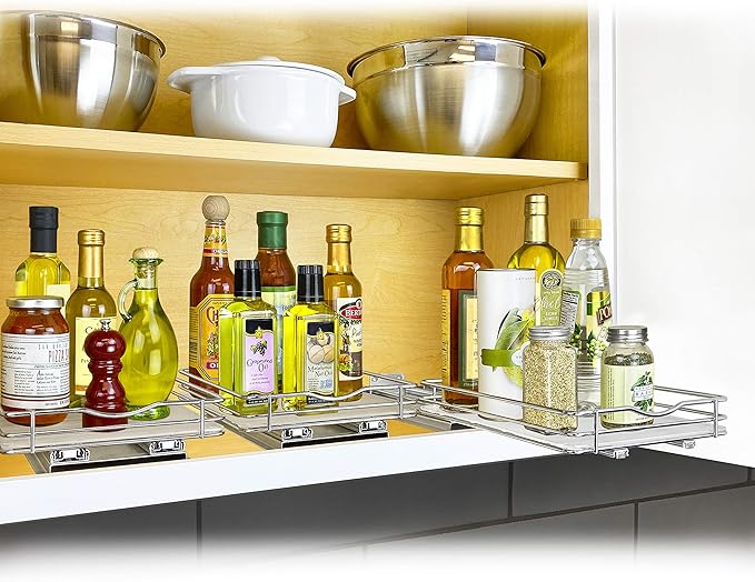 LYNK PROFESSIONAL® Pull Out Spice Rack Organizer for Inside Kitchen Cabinets - 8-3/8 inch Wide - Slide Out Drawer – Chrome Sliding Spice Cabinet Organization Shelf Racks - 1 Tier