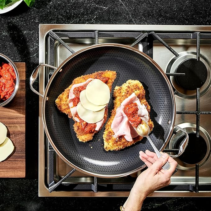HexClad Hybrid Nonstick 14-Inch Frying Pan with Stainless Steel Lid, Stay-Cool Handles, Dishwasher-Friendly, Oven-Safe Up to 900°F, Induction Ready, Compatible with All Cooktops