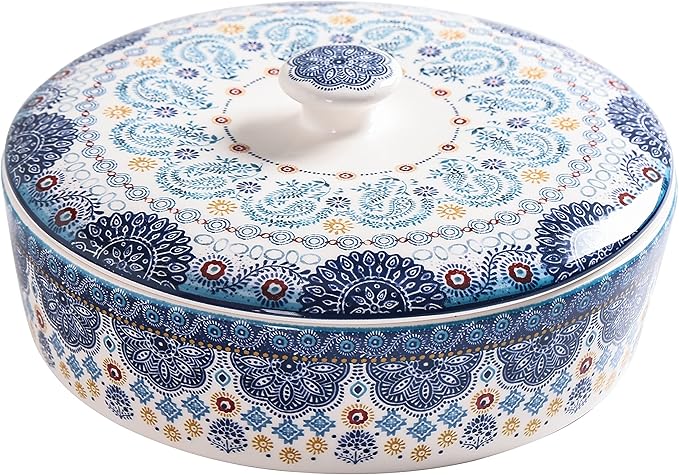 Bico Blue Talavera Ceramic Tortilla Warmer, 8.9 Inch Tortilla Holder with Lid for Taco Bread Pancake for Mexican Night and Party, Microwave and Dishwasher Safe