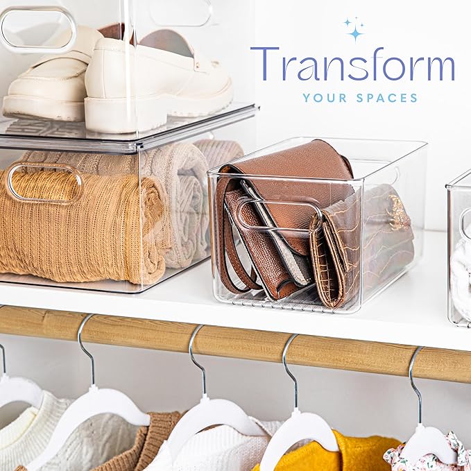 Plastic Food Storage 2 Pack Clear Container Bin with Handles for Organizing Kitchen, Pantry, Refrigerator, Freezer, Pantry, Cabinet, Closet, Bathroom. 10”x6”x5”
