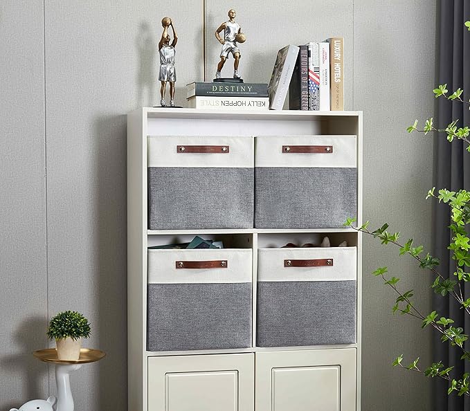DECOMOMO Fabric Cube Storage Bins - Storage Baskets for Shelves, Cube Storage Organizer for Kallax and Cubbies (Grey & White, 13 inch Cube) - 4 Pack