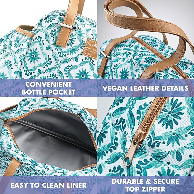 Fit & Fresh Insulated Leakproof & Stain-Resistant Large Lunch Box For Women With Expandable Bottle Pocket, Zipper Closure Laketown Lunch Bag Aqua