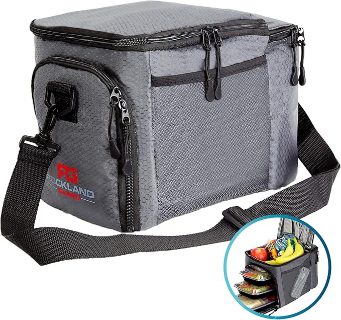 Rockland Guard Insulated Lunch Bag for Men - Lunch Box for Women with Compartments for Meal Prep Containers, Bottles, Snacks, Extra Storage Pockets - Lunchbox for Work, Travel, Picnic, Camping - Gray