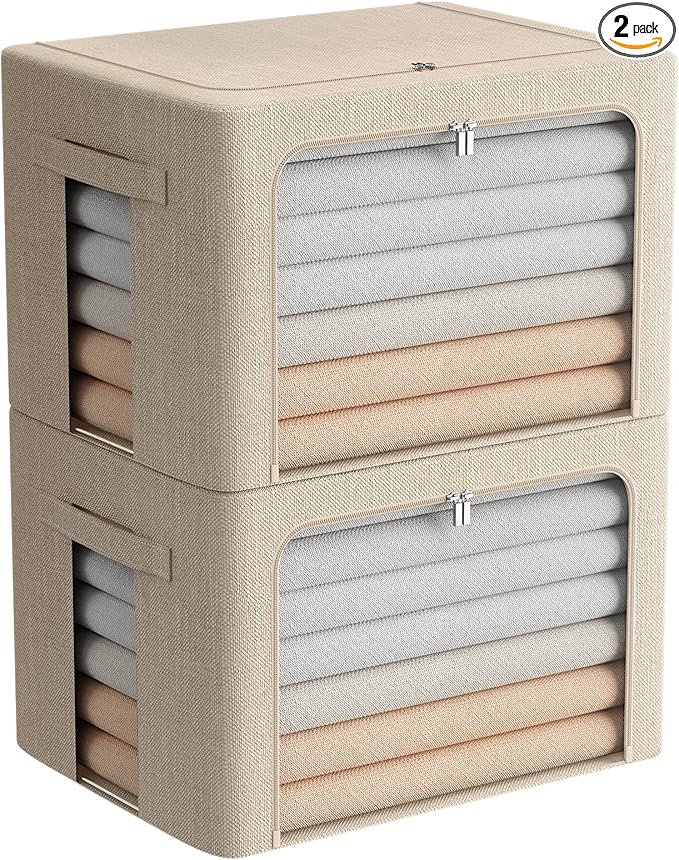 FHSQX Extra Large Clothes Storage Bins Foldable Metal Frame Storage Box Stackable Linen Fabric Box Organizer Set with Carrying Handles and Clear Window (Beige, 23.6x 16.5x 15.7 Inch)