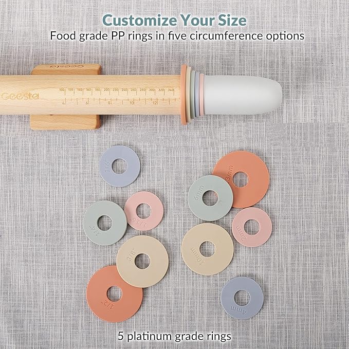 Geesta Adjustable Wood Rolling Pin with 5 Thickness Rings, Precise Dough Roller Handle Press Design with Measurement Guide for Fondant, Pizza, Pie Crust, Cookie, Pastry Baking Decorating Accessories