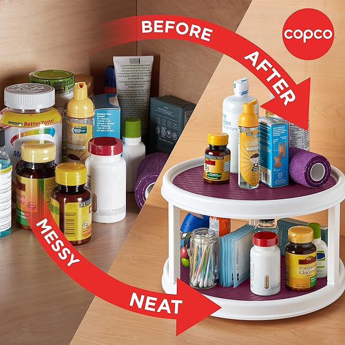 Copco Non-Skid 2 Tier Pantry Cabinet Lazy Susan Turntable, 12-Inch, White/Purple