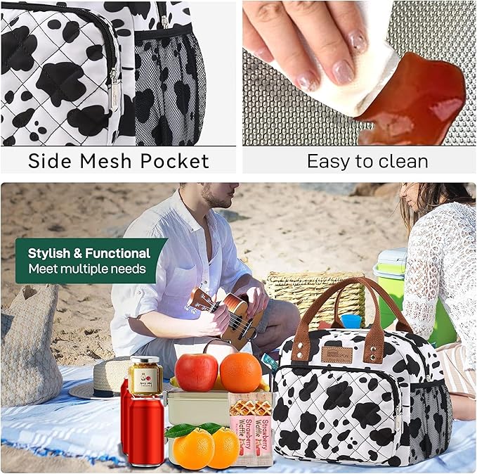 HOMESPON Buringer Lunch Bag for Woman Man Adults with Front Pocket Insulated Lunch Tote Lunch Box Container for Work Picnic or Travel (Cow Side Pockets)