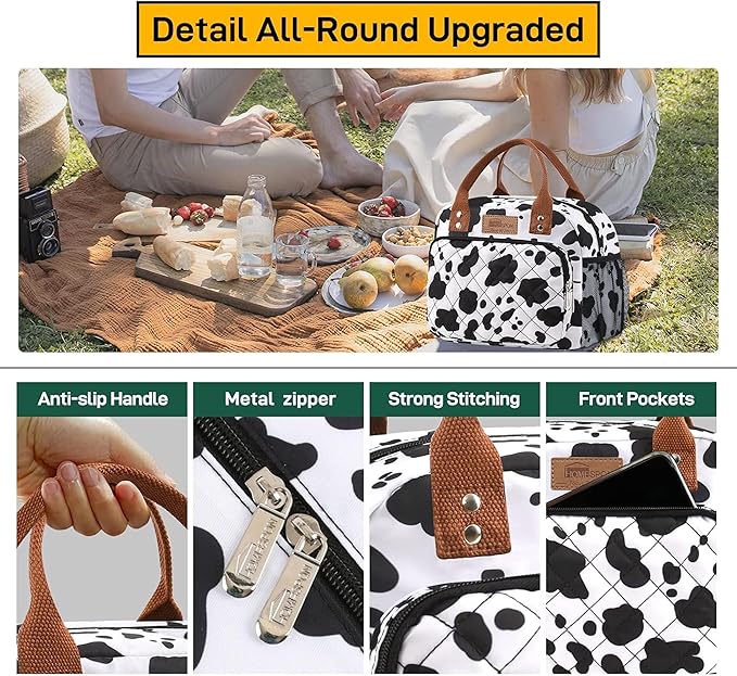 HOMESPON Buringer Lunch Bag for Woman Man Adults with Front Pocket Insulated Lunch Tote Lunch Box Container for Work Picnic or Travel (Cow Side Pockets)