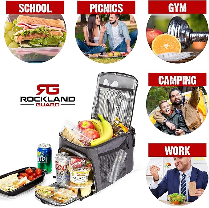 Rockland Guard Insulated Lunch Bag for Men - Lunch Box for Women with Compartments for Meal Prep Containers, Bottles, Snacks, Extra Storage Pockets - Lunchbox for Work, Travel, Picnic, Camping - Gray