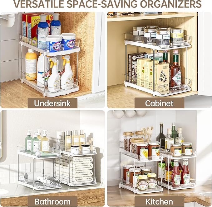 Delamu 2-Tier Multi-Purpose Bathroom Under Sink Organizers and Storage, Stackable Kitchen Pantry Organization, Pull Out Medicine Cabinet Organizer with Movable Dividers, Pure White, 1 Pack