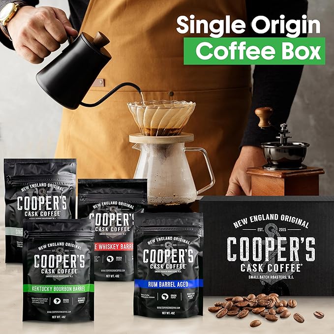 Bourbon & Whiskey Barrel Aged Coffee Box Set - 4-Bag Roasted Coffee Sampler - Bourbon Colombian, Malt Whiskey Sumatra, Rye Whiskey Ethiopian, Rum Barrel Rwanda, (Ground, 4 Ounce (Pack of 4))