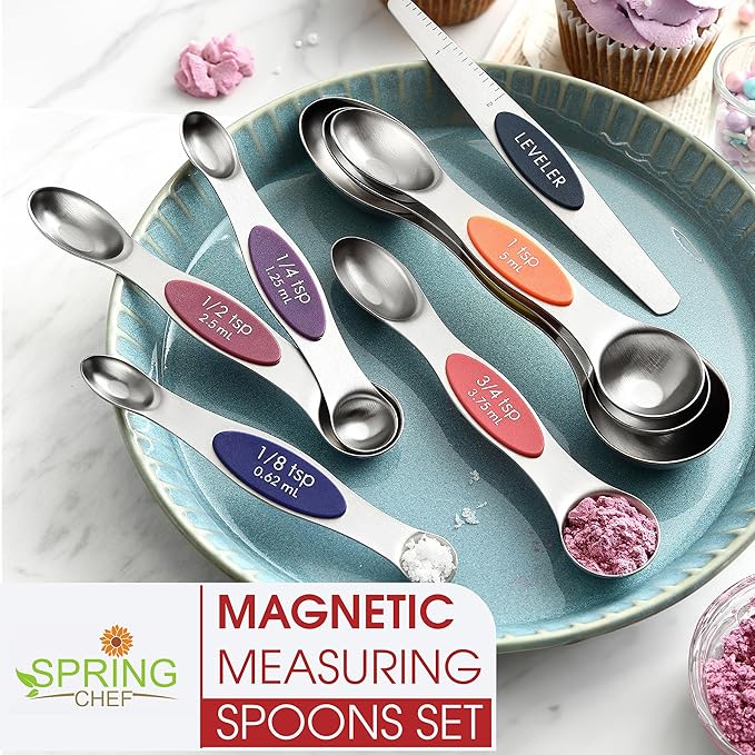 Spring Chef Stainless Steel Magnetic Measuring Spoons Set of 8 with Leveler, Nesting Teaspoon & Tablespoon Measuring Spoons, Kitchen Gadgets for Baking & Cooking, Fits in Spice Jars - Mountain Sunrise