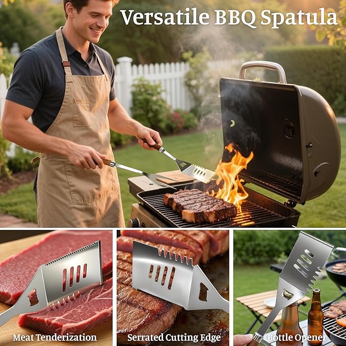 BBQ Grill Tools Set, Stainless Steel Grilling Set with Storage Bag, Spatula, Fork, Cleaning Brush Grill Set, Grill Accessories for Outdoor Cooking Camping, Grilling Gifts for Men