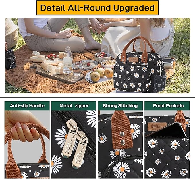HOMESPON Lunch Bag for Woman Man Adults with Front Pocket Insulated Lunch Tote Lunch Box Container for Work Picnic or Travel(Daisy Side Pockets)