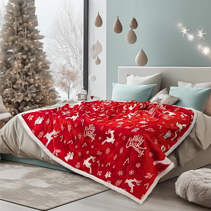 PAVILIA Premium Christmas Sherpa Throw Blanket | Christmas Decoration Gift, Fleece, Plush, Warm, Cozy Reversible Microfiber Holiday Blanket | Red Reindeer - 50x60