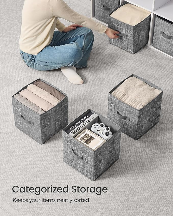 SONGMICS Storage Cubes, 10.2 x 10.2 x 11 Inches Non-Woven Fabric Bins with Double Handles, Set of 10, Closet Organizers for Shelves, Foldable, for Clothes, Cattail Gray UROB126G01