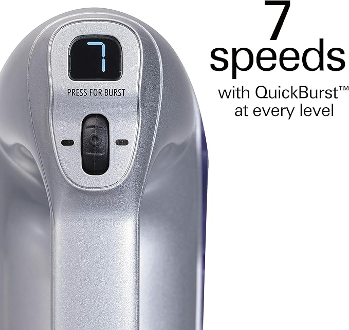 Hamilton Beach Professional 7-Speed Digital Electric Hand Mixer with High-Performance DC Motor, Slow Start, Snap-On Storage Case, SoftScrape Beaters, Whisk, Dough Hooks, Silver and Chrome (62657)