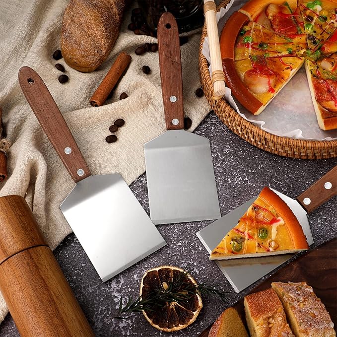 BBTO 20 Pcs Small Spatula Pizza Spatula Bulk Brownie Cookie Pie Server Pie Cake Stainless Baking Triangular Cutter Spade Wood Handle Shovel for Desserts Pizza Cake Biscuit(Brown)