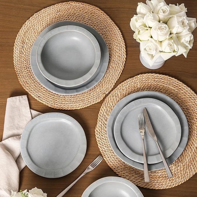 Stone Lain Oasis 24-Piece Dinnerware Set Stoneware, Dishwasher and Microwave Safe Plates and Bowls Set, Dish Set for 8, Grey Blue