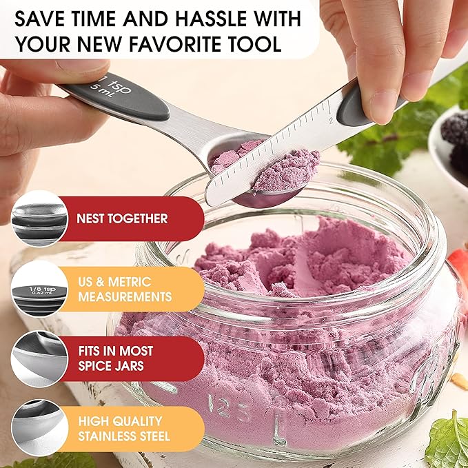 Spring Chef Stainless Steel Magnetic Measuring Spoons Set of 8 with Leveler, Dual Sided Metal Teaspoon & Tablespoon Measuring Spoons - Kitchen Gadgets For Baking and Cooking, Gray