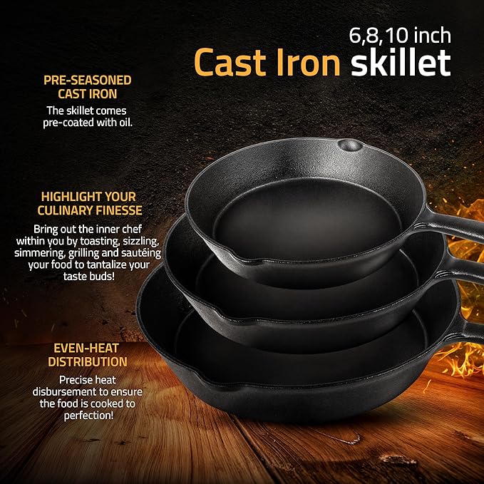Utopia Kitchen Cast iron Skillets 3 Piece Set, Chefs Pan, Pre Seasoned Cast iron Skillets, 6, 8 & 10 Inches, Easy Use in the Oven, Stove, Grill, or Campfire, Black