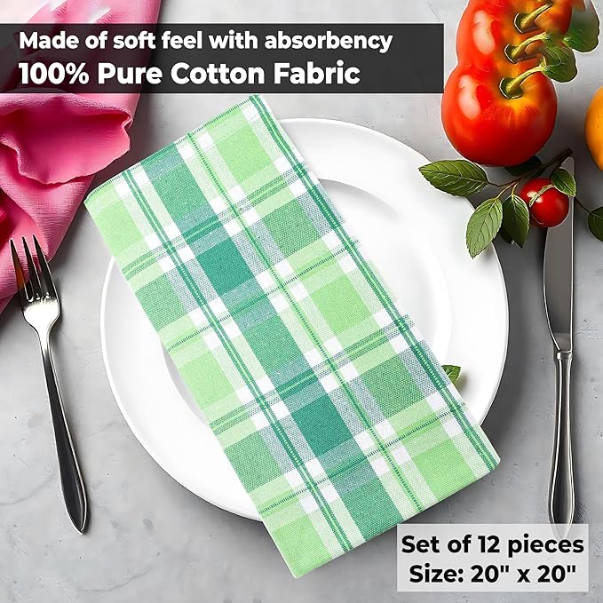 Urban Villa St Patrick Cloth Napkins 100% Cotton Dinner Napkins (Set of 12) 20x20 Inches Soft Reusable Washable Absorbent Table Dinner Napkins St Patricks Plaid Napkins