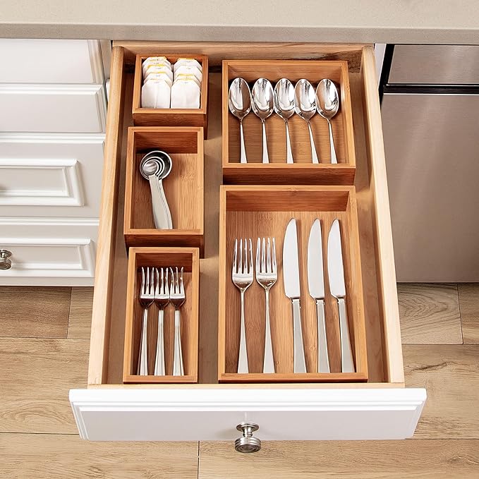 Seville Classics Bamboo Premium Organizer Storage Bins for Kitchen Silverware, Pantry, Closet, Office Desk, Pens, Utensils, Makeup, K Cup, Bamboo, Bin Set (5 Piece)