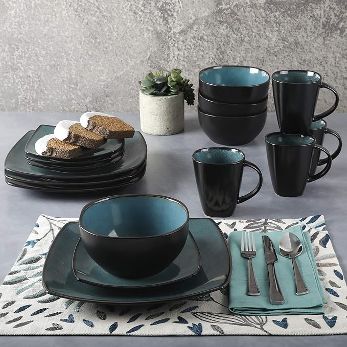 Gibson Elite Soho Lounge 16-Piece Reactive Glaze Dinnerware Set, Teal/Black Two-Tone