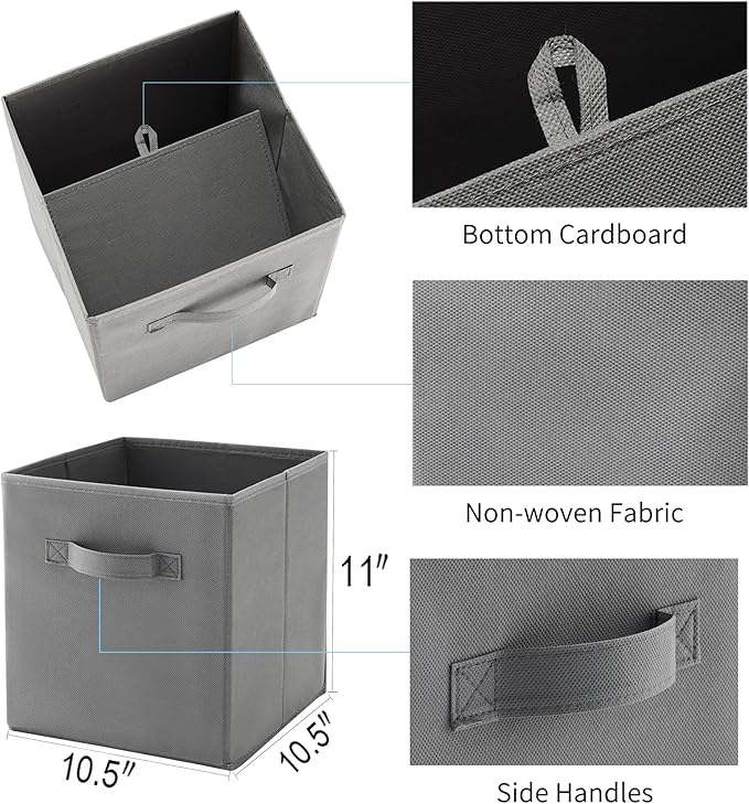 MAX Houser 6 Pack Foldable Fabric Storage Bins with Handles - Ideal for Closet Organization, Bedroom and Nursery (Grey, 10.5"x10.5"x11")