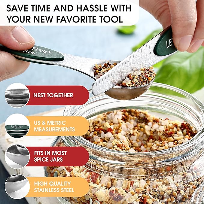 Spring Chef Stainless Steel Magnetic Measuring Spoons Set of 8 with Leveler, Stackable Magnetic Teaspoon & Tablespoon Set, Metal Kitchen Gadgets for Baking & Cooking, Fits in Spice Jars - Pine Green