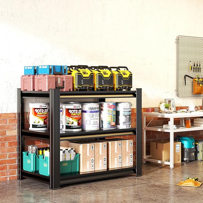 Heavy Duty Garage Shelving, Metal Storage Shelves, 3 Tier Adjustable Storage Shelves, Metel Shelving, Industrial Utility Rack for Garage, Warehouse, Workshop,31.5" H×34" W×18" D