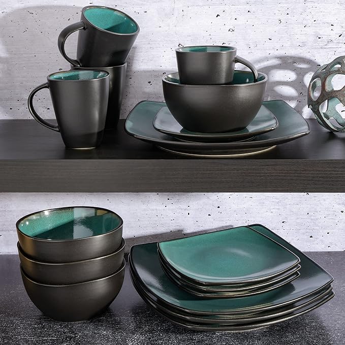 Gibson Elite Soho Lounge 16-Piece Reactive Glaze Dinnerware Set, Teal/Black Two-Tone