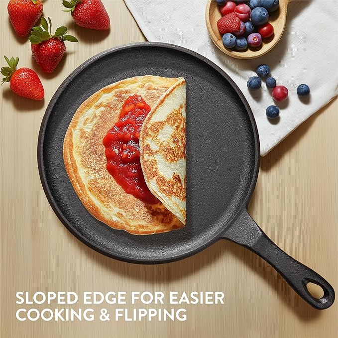 Navaris Cast Iron Griddle Pan - Durable Pancake Pan Also for Pizza, Tortilla, Dosa, Tawa, Roti, etc - Bakestone for Bread & Welsh Cakes - Suitable for Induction Hob, 10" (25.4 cm)