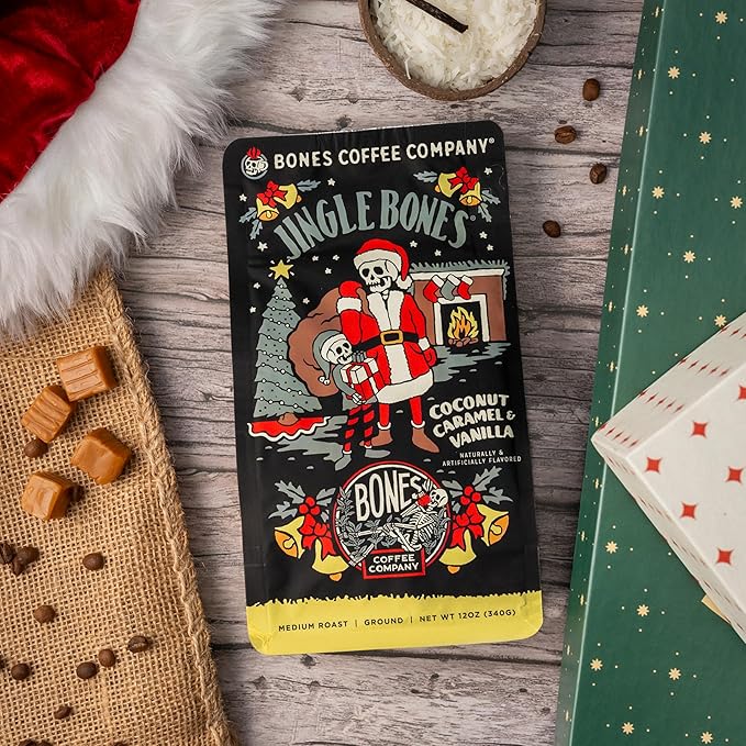 Bones Coffee Company Jingle Bones, Caramel Vanilla Coconut Flavored Coffee, Medium Roast Low Acid Arabica Beans Compatible with Auto drip and French Press Coffee Maker, 12 Oz Ground