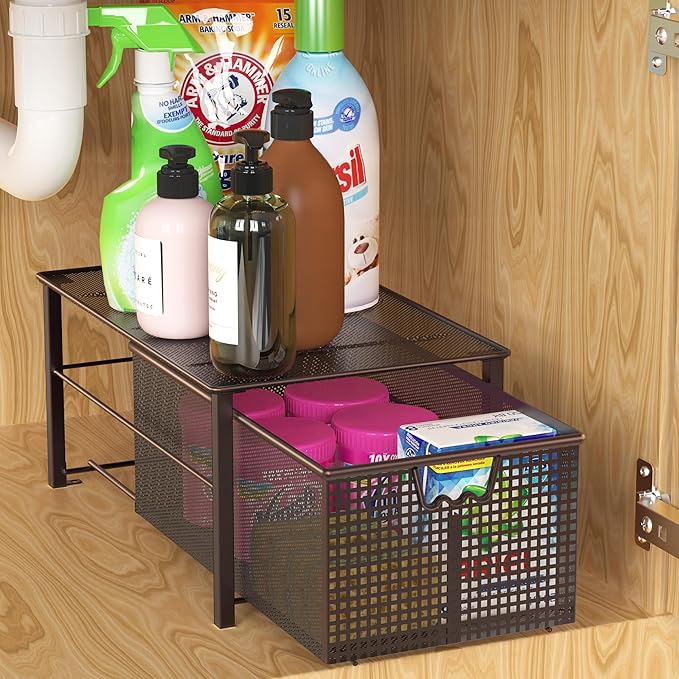 Deco Brothers Stackable Pull Out Cabinet Sliding Basket with Dividers, Large, Bronze