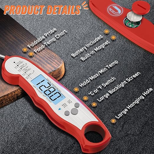Digital Meat Thermometer, Waterproof Instant Read Food Thermometer for Cooking and Grilling, Kitchen Gadgets, Accessories with Backlight & Calibration for Candy, BBQ Grill, Liquids, Beef, Turkey…