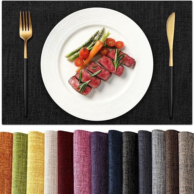 KXN Placemats Set of 4, Dual-Layer Thickened Faux Linen Table Mats, Heat Resistant & Wrinkle-Free, Machine Washable Cloth Place Mats for Kitchen Dining Indoor Outdoor (Black)