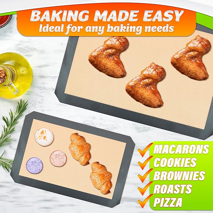 3 Pcs Silicone Baking Mat - Non-Stick Silicone Baking Mats Cookie Sheet with Reinforced Edges, Dishwasher Safe, Heat-Resistant - Uniform Heating & Easy Baking for Macarons, Cookie Dough, Roasts, Pizza