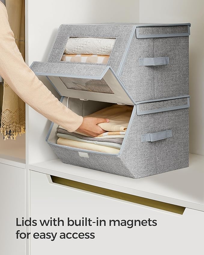 SONGMICS Stackable Storage Bins Set of 2, Storage Boxes with Lids and Front Windows, Non-Woven Fabric Closet Organizers with Magnetic Closures, Side Handles, Dove Gray URLB002W01