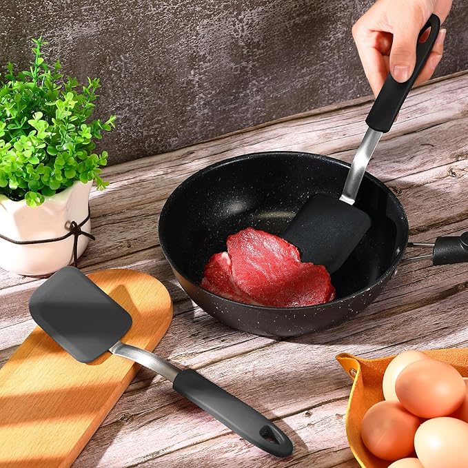 Silicone Cookie Spatula Turner 2 Pack Mini Brownie Spatula Flexible Kitchen Small Silicone Turner for Nonstick Cookware Heat Resistant No Scratch Flipper for Egg Pancake(Black, Grey)