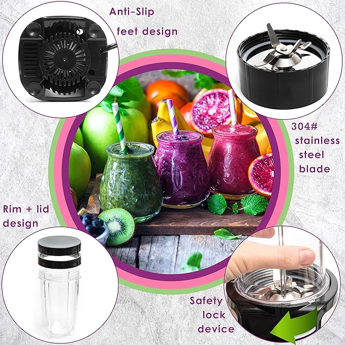 Moss & Stone MiniSmoothie Blender, Compact Personal Blender with Additional Cups Bullet Shape For Frozen Drinks, To-Go Portable Cups with Lids, Juice & Smoothie Maker