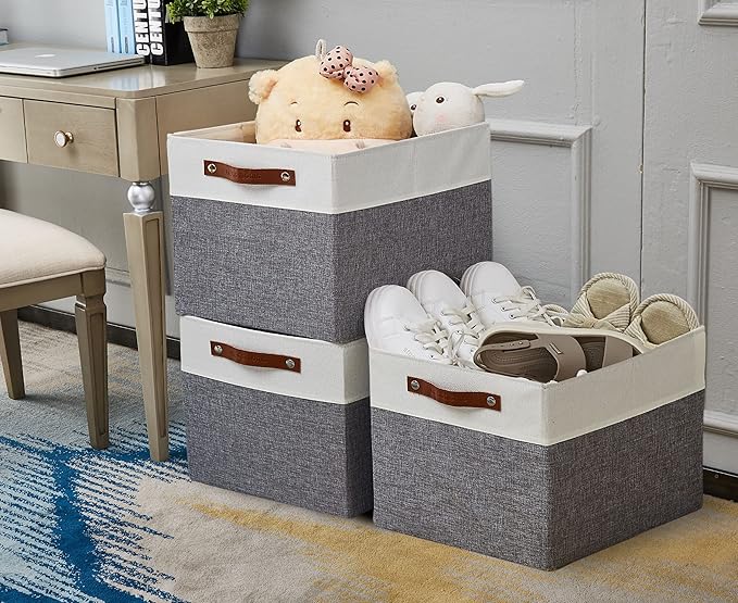 DECOMOMO Kallax Storage Cubes - 13x15x13 Storage Bins, Baskets for Organizing Shelves (Grey and White, 3-Pack)