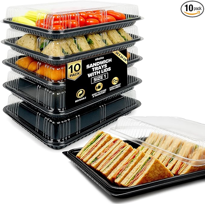 10 Pack Catering Trays with Lids – 13" Serving Tray with Lid, Heavy Duty Recyclable Plastic Party Platters for Catering, Buffet, Picnics & Events – Food Trays with Clear Lid (13.39 × 9.84 × 2.95 inch)