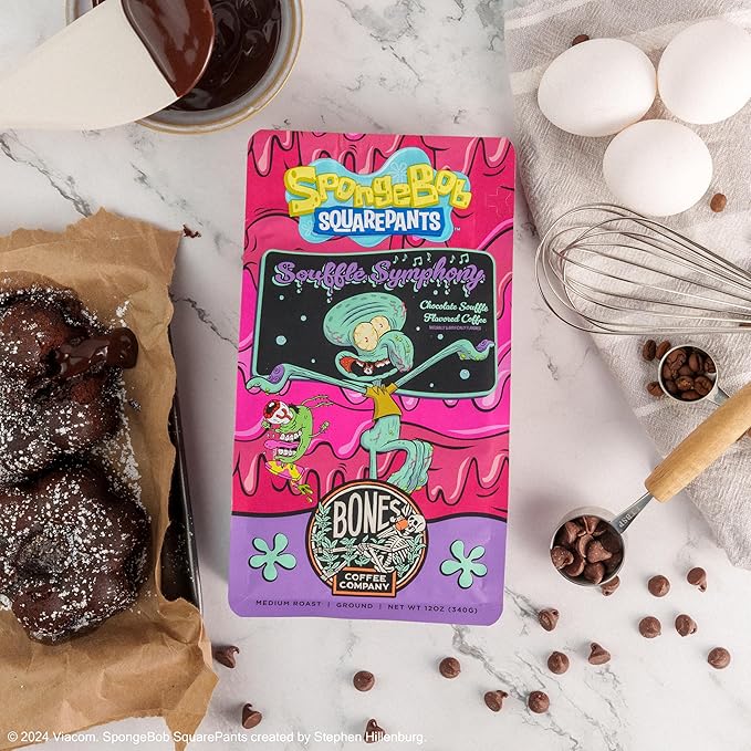 Bones Coffee Company Spongebob Soufflé Symphony, Chocolate Soufflé Flavored Ground Coffee Beans, Low Acid Medium Roast Arabica Beans Flavored Coffee, 12 oz Ground