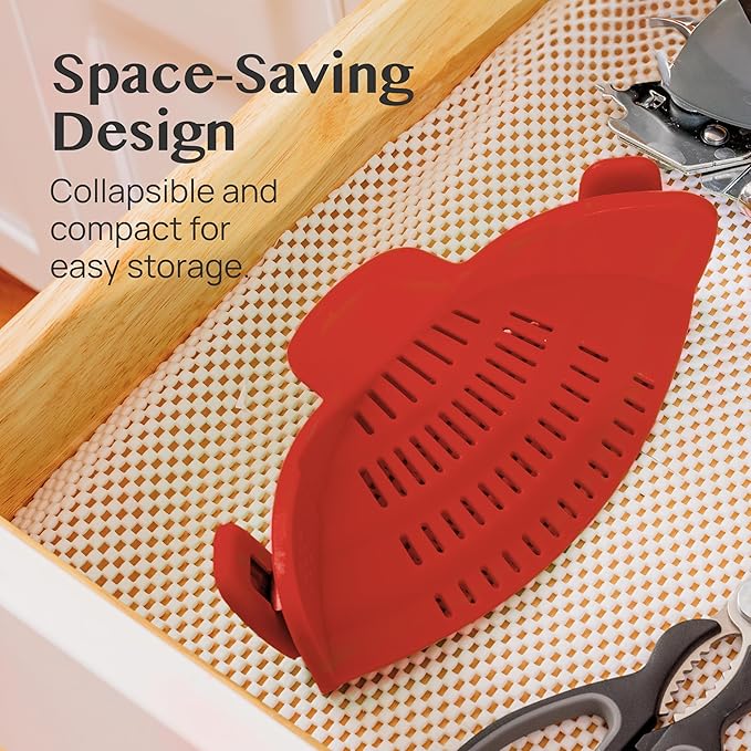 Kitchen Gizmo Snap N Strain Silicone Pot Strainer - Adjustable Clip-On Pasta Strainer for Pots, Pans, and Bowls - Large Red Kitchen Colander