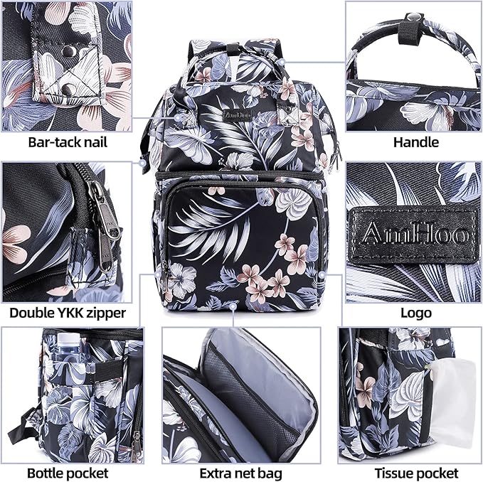 AmHoo Insulated Lunch Box Cooler Backpack Waterproof Leak-Proof Lunch Bag Tote for Men Women Hiking Beach Picnic Trip with Strongest YKK Zipper Black Flower Pattern