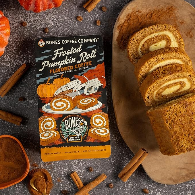 Bones Coffee Company Frosted Pumpkin Roll Flavored Coffee, Medium Roast Low Acid Arabica Beans Compatible with Auto drip and French Press Coffee Maker, 12 Oz Ground
