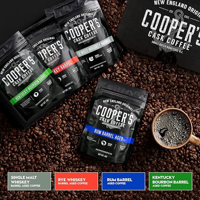 Bourbon & Whiskey Barrel Aged Coffee Box Set with Four Whole Bean Single Origin Coffees (Colombia, Sumatra, Ethiopia, Rwanda) Premium Small-Batch Gourmet Roasted Coffee Gift (Pack or 4)