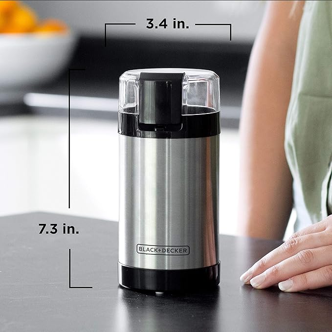 BLACK+DECKER One Touch Coffee Grinder, 2/3 Cup Coffee Bean Capacity, Spice Grinder, One Touch Push-Button Control -150 Watts- Stainless Steel Blades