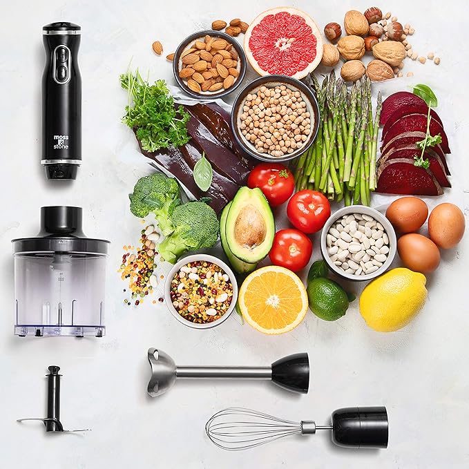 Moss & Stone Hand Blender Electric With Egg Whisk & Chopper, Powerful 300 Watt Immersion Hand Blender Set, Mixer Set Stainless Steel Shaft & Blades, Black Handheld Mixer With Ergonomic Grip